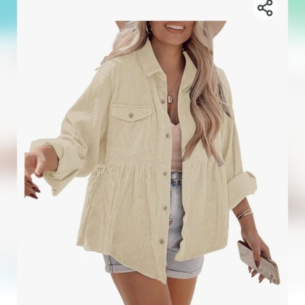 New with tags! Kojooin Womens Large cream corduroy long sleeve button up shirt